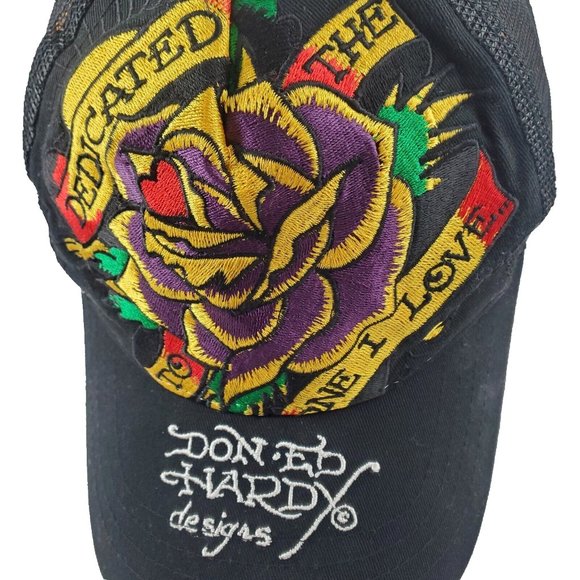 Ed Hardy Black Snapback Trucker Hat Dedicated To The One I Love Embroidered Logo - Picture 2 of 6